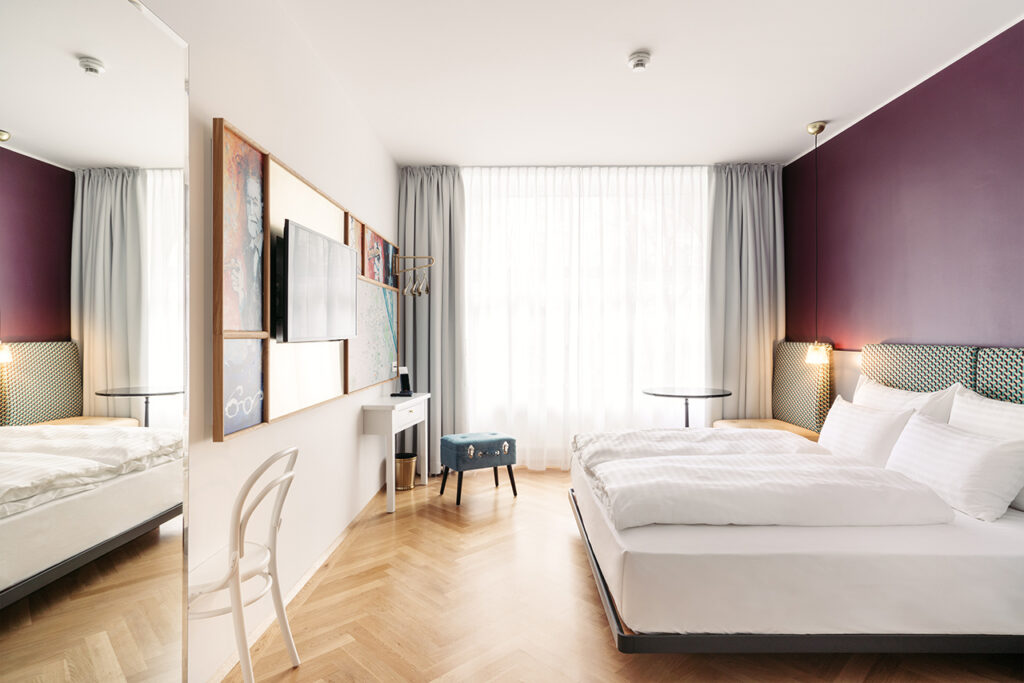 Hotel Bedroom design by archisphere architects and designers a design studio in vienna at hotel Schani Salon vienna photo copyright Gregor Hofbauer